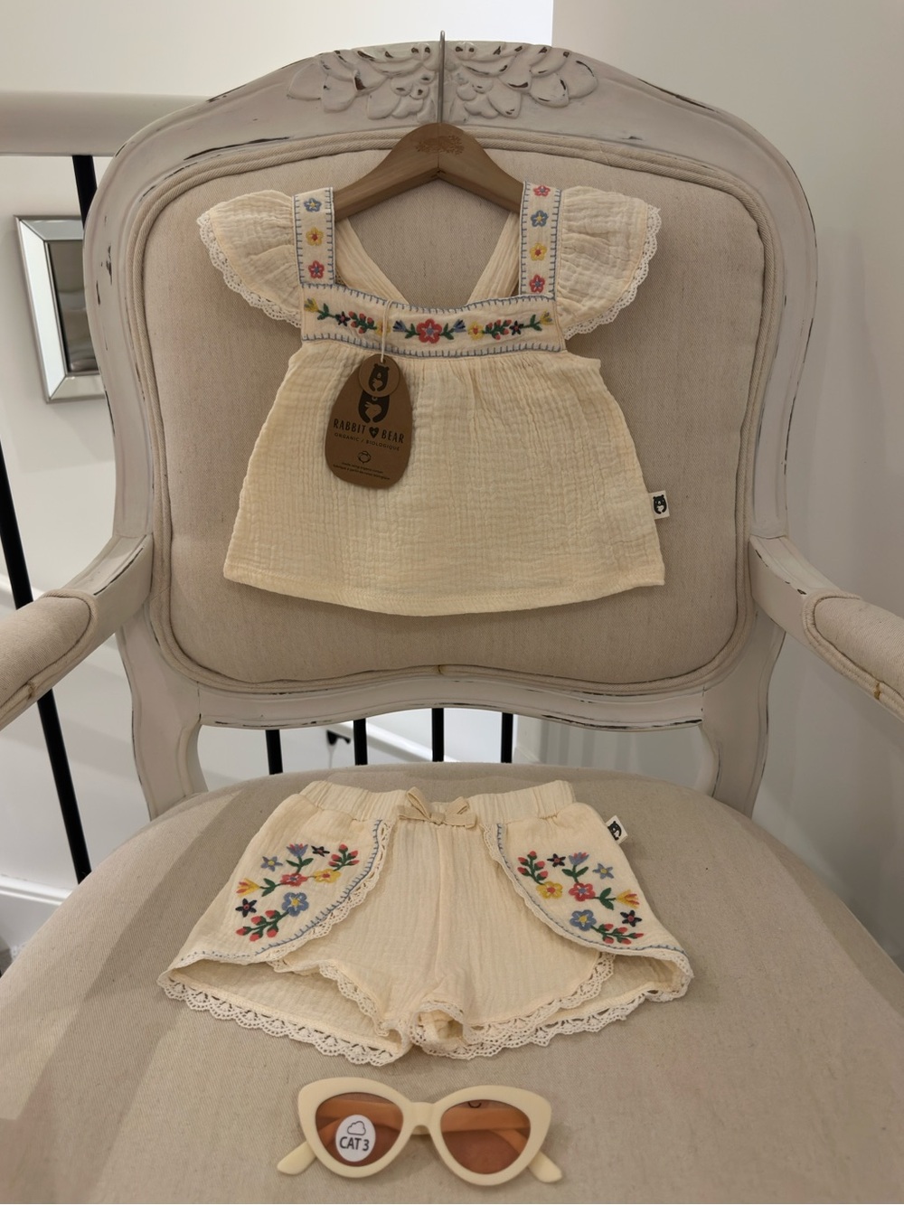 🦢 12 Mth Organic Cotton Butter Yellow Embroidered Baby Top & Shorts 3 pc Set NWT